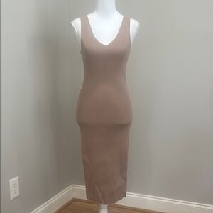 Tan V-Neck Sleeveless Knit Bodycon Midi Dress​